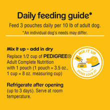 Daily feeding guide for adult dogs with mixing instructions and refrigerate-after-opening note