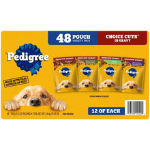 Pedigree dog food variety pack with 48 pouches, back panel on box