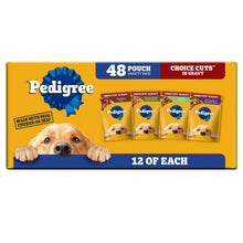 Pedigree dog food variety pack, 48 gravy pouches shown on front box