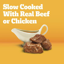 Slow cooked dog food with real beef or chicken, pouch food graphic