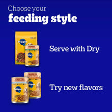 Feeding style graphic showing Pedigree wet dog food cans and dry dog food bag.