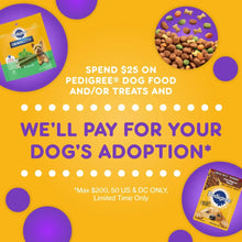 Promotion graphic with Pedigree dog food bag and treats, and adoption payment offer text.