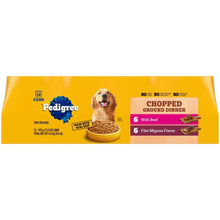 Pedigree chopped ground dinner wet dog food variety pack label, 12 cans total.