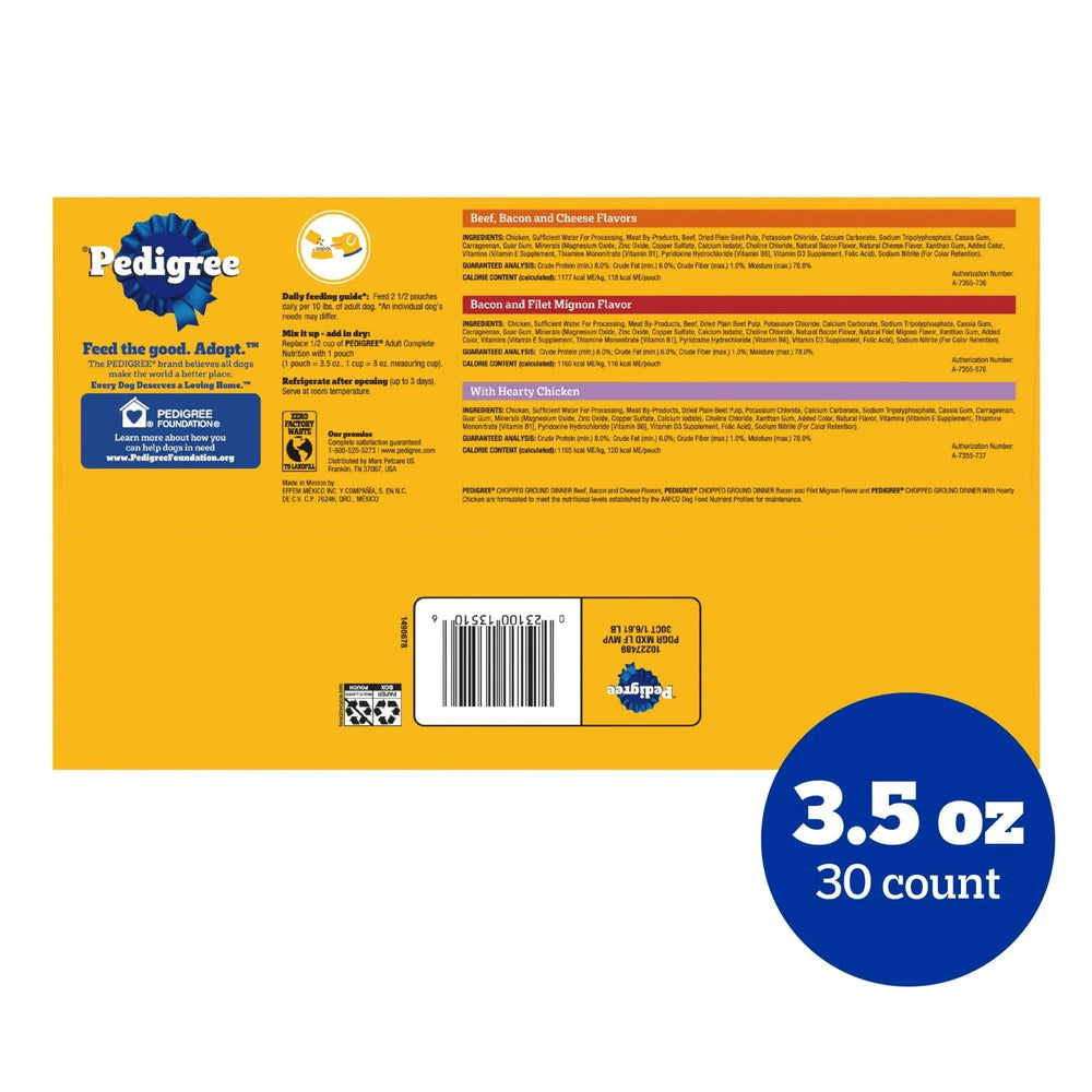 Pedigree Chopped Ground Dinner Beef & Bacon Variety Pack Wet Dog Food, (30) 3.5 oz Pouches - USA MEGA SHOP