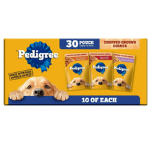 Pedigree wet dog food variety pack box showing 30 pouches and dog portraits