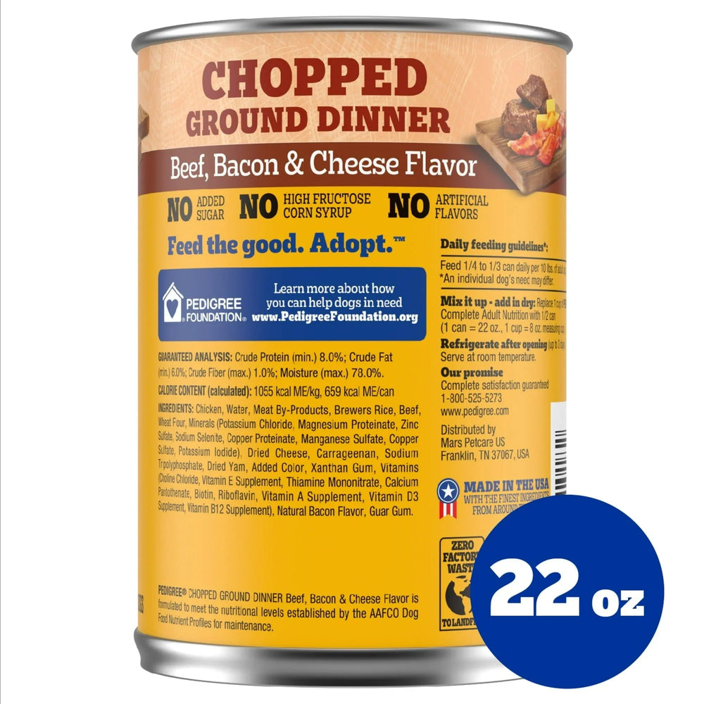 Pedigree Chopped Ground Dinner Beef Bacon & Cheese Flavor Adult Wet Dog Food, (12) 22 oz Cans - USA MEGA SHOP