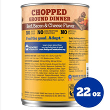 Wet dog food can with chopped ground dinner beef, bacon & cheese flavor label