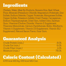 Wet dog food label panel listing ingredients, guaranteed analysis, and calorie content