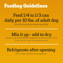 Feeding guidelines panel for wet dog food: feed 1/4 to 1/3 can, refrigerate after opening