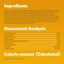 Dry dog food ingredients and guaranteed analysis label with calorie content chart