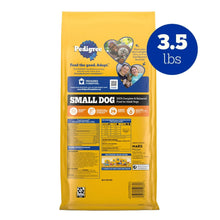 Pedigree small dog dry food bag, 3.5 lb, feeding and nutrient information panel