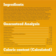 Pedigree dry dog food ingredients and guaranteed analysis label