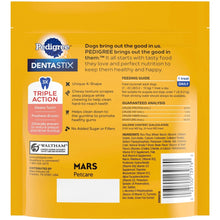 Pedigree Dentastix dog treats pouch back with feeding guide and ingredients panel