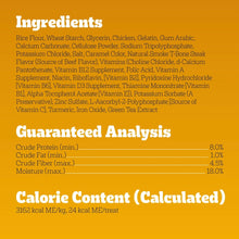 Dog treat pouch label with ingredients list and guaranteed analysis values