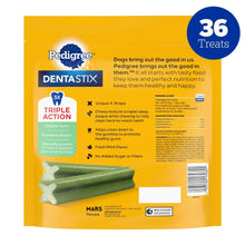 Dog dental chew treats bag back panel showing 36 treats and Triple Action