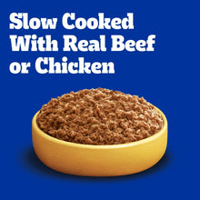 Slow cooked wet dog food bowl, with text for real beef or chicken