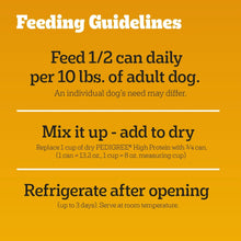 Wet dog food feeding guidelines panel with serving amounts and refrigeration instructions