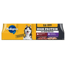 High protein wet dog food variety pack carton, 12 cans, Pedigree label with dog photo