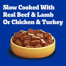 Dog wet food gravy bowl filled with beef and lamb or chicken and turkey bites