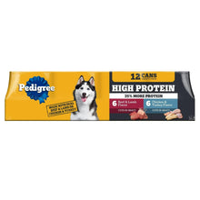 Pedigree high-protein dog wet food variety pack box with 12 can labels