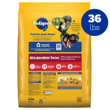 Pedigree dog food bag back panel with feeding info and 36 lb marking