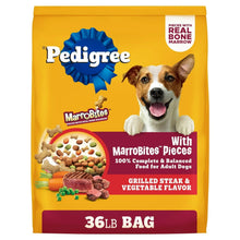 Pedigree dog food bag front with dog portrait, MarroBites Pieces logo, and 36 lb marking