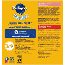 Puppy food variety pack back panel with feeding guide and feeding directions