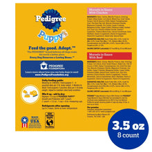 Puppy food variety pack package showing 3.5 oz, 8 count pouch details