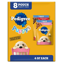 Pedigree Puppy morsels variety pack box with 8 pouches and puppy food servings