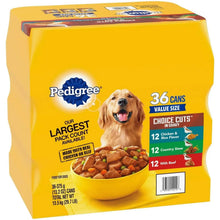 Pedigree dog food variety pack box, 36 cans, choice cuts in gravy label and dog photo.