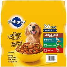 Pedigree dog food variety pack box, 36 cans, choice cuts in gravy with chicken & beef.