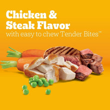 Adult dog food promo showing chicken and steak flavor Tender Bites with green peas