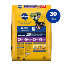 Pedigree adult dog food bag back panel with nutrition, ingredients, and feeding details