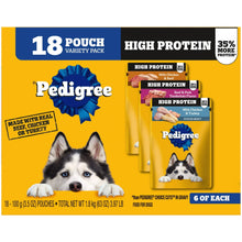 Pedigree 18 pouch high protein variety pack box with dogs and pouch packages