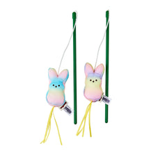 Set of 2 cat wand toys: pastel plush bunny heads on green sticks with yellow streamers