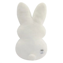 Jumbo white plush rabbit with long ears and stitched face emblem