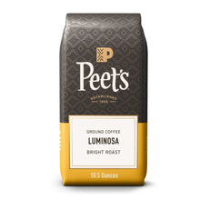 Peet's Luminosa ground coffee bag, bright roast; dark gray with yellow bottom, 10.5 oz