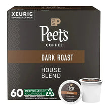 Peet's K-Cup coffee pods box, dark roast house blend, with recyclable 60-count pack