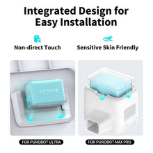 Turquoise scent cartridge shown inside white pet waste bin with arrows