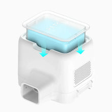 Turquoise scent cartridge in open white pet waste bin with arrows