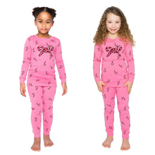 Kids holiday pajama set in pink with candy-cane prints; long-sleeve top and jogger pants