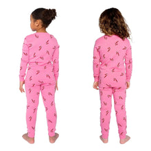 Kids holiday pajama set back view in pink with candy-cane prints; long sleeves and pants