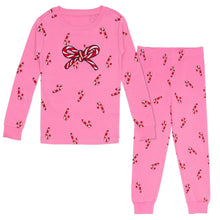Kids holiday pajama set in pink with candy-cane prints; long-sleeve top and pants