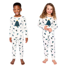 Kids holiday pajama set, white long-sleeve top and matching jogger pants with trees print