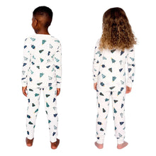 Kids holiday pajama set, white long-sleeve top and jogger pants with trees pattern, back view