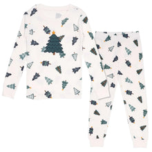 Kids holiday pajama set, white long-sleeve shirt and matching pajama pants with tree icons