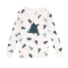 Kids holiday pajama top, white long-sleeve shirt with colorful tree and star graphic