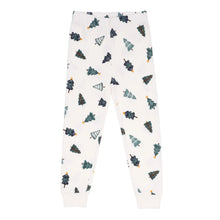 Kids holiday pajama pants, white joggers with scattered tree and bow prints