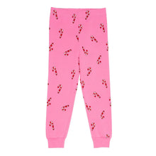 Kids holiday pajama pants in pink with candy-cane prints; elastic cuffs