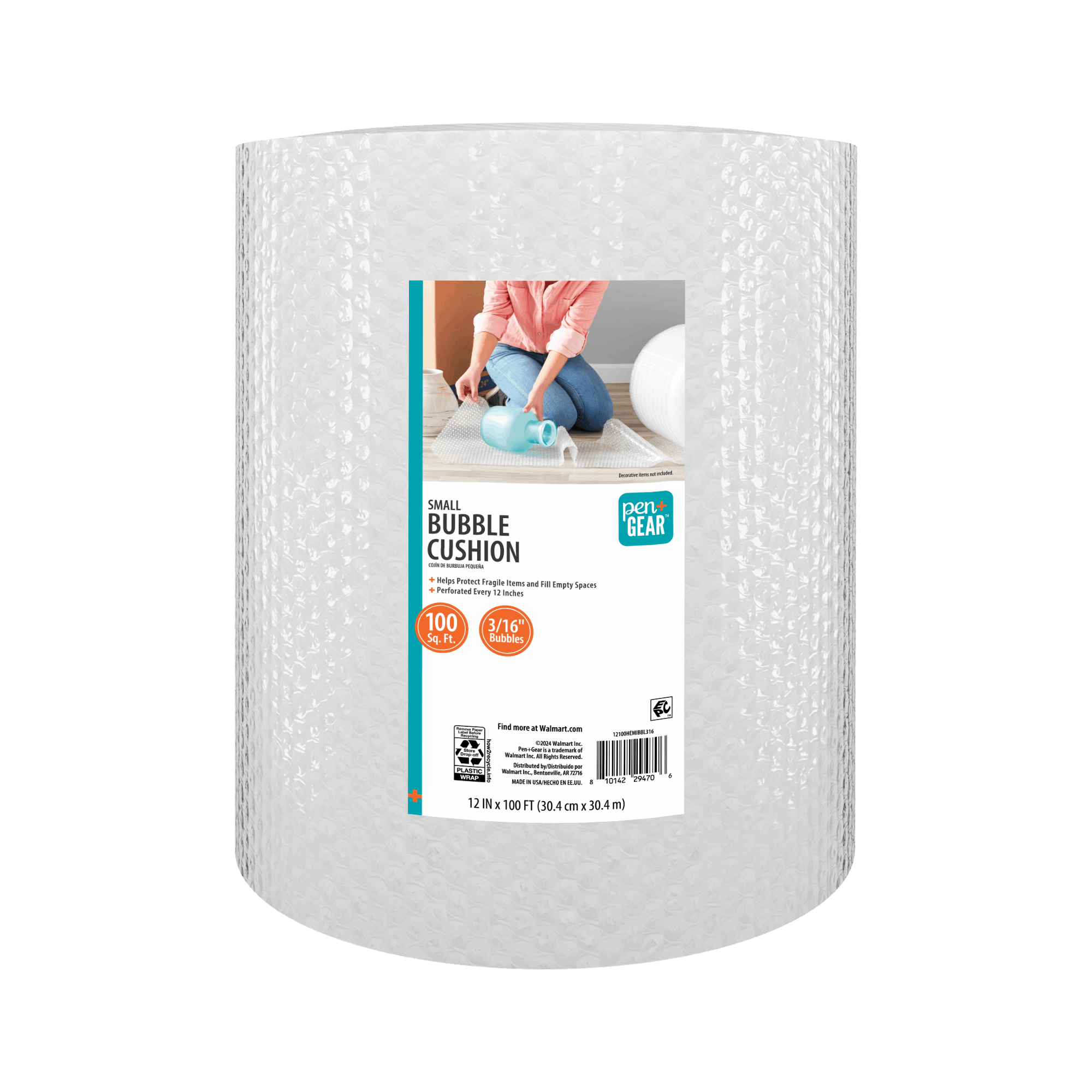 Pen+Gear 12" x 100' 3/16" Bubble Wrap Roll, Small Bubbles